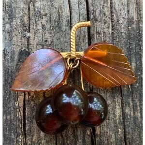 Vintage Russian Gold Baltic Amber Leaf Cherry Brooch
